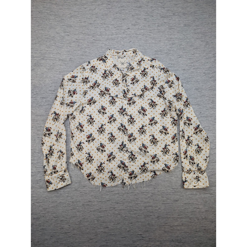 Cotton & Rye Shirt Womens XL Polka Dot Western Frayed Hem Cowboy Rodeo‎ Cowgirl